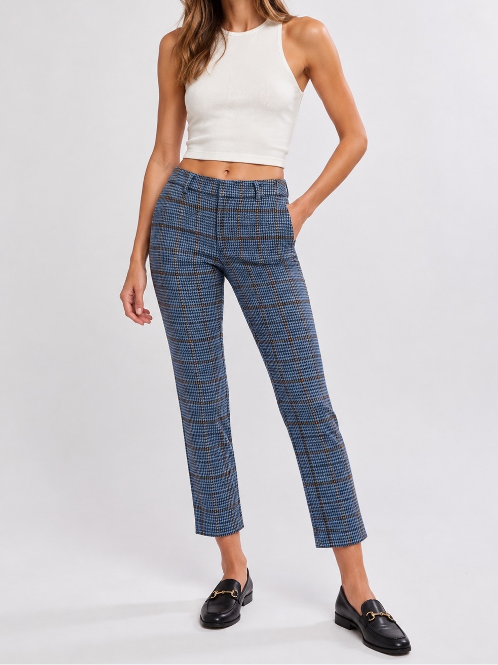 Free People Molly Slim Plaid Pants Blue/Brown Houndstooth Plaid | 6 NWT